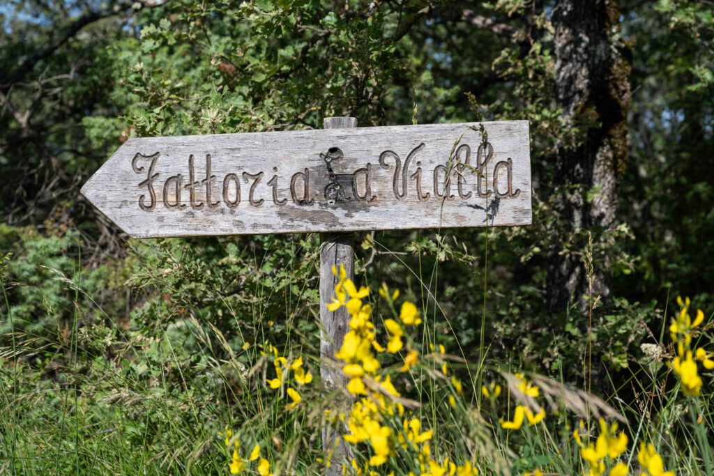 Blick auf das Holzschild auf dem Demeterhof Fattoria La vialla in der Toskana in Italien